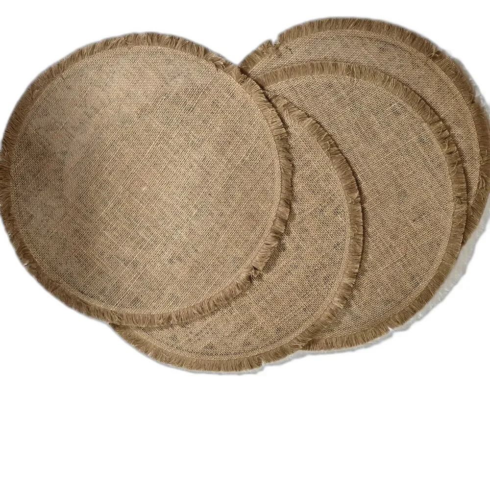 NWOT Boho Round Jute Placemats Navy Blue Mandala Fringed Set of 4 Thanksgiving